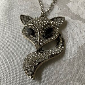WHITE BLACK RHINESTONE FOX PENDANT /w STAINLESS STEEL CHAIN